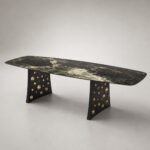 Masă de dining Galaxia cu blat marmorat și baze perforate, perspectivă alternativă generată