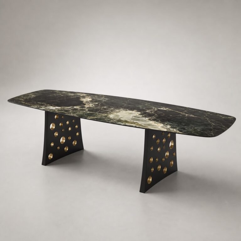 Masă de dining Galaxia cu blat marmorat și baze perforate, perspectivă alternativă generată