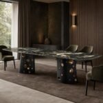 Masă de dining Galaxia cu blat marmorat și baze perforate, ambient de dining generat