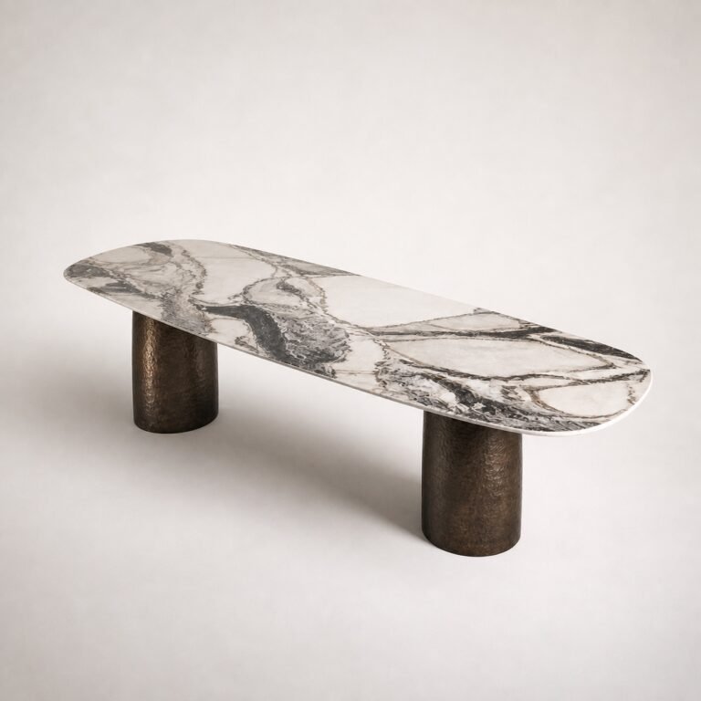 Masă de dining Etruria cu blat marmorat și picioare cilindrice bronz, perspectivă alternativă generată