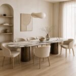 Masă de dining Etruria cu blat marmorat și picioare cilindrice bronz, ambient de dining generat
