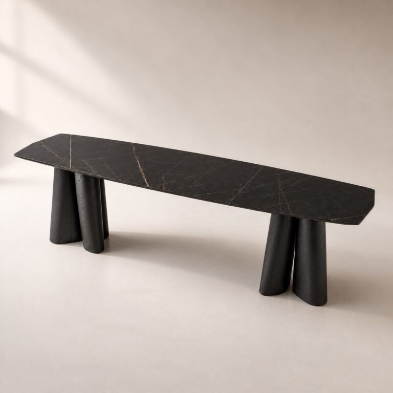 Masă de dining Quadria cu blat mineral segmentat și picioare conice, perspectivă alternativă generată