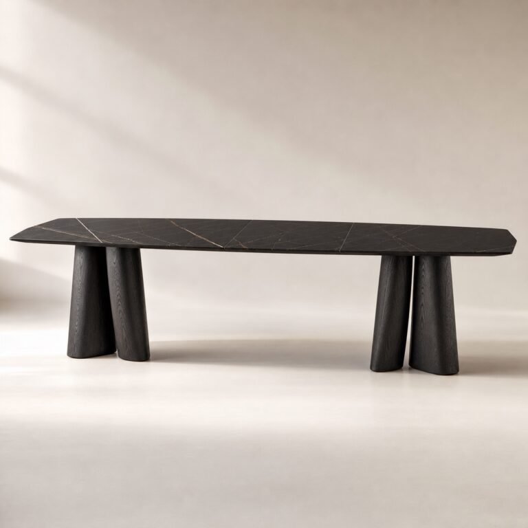 Masă de dining Quadria cu blat mineral segmentat și picioare conice, imagine principală generată