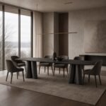 Masă de dining Quadria cu blat mineral segmentat și picioare conice, ambient de dining generat