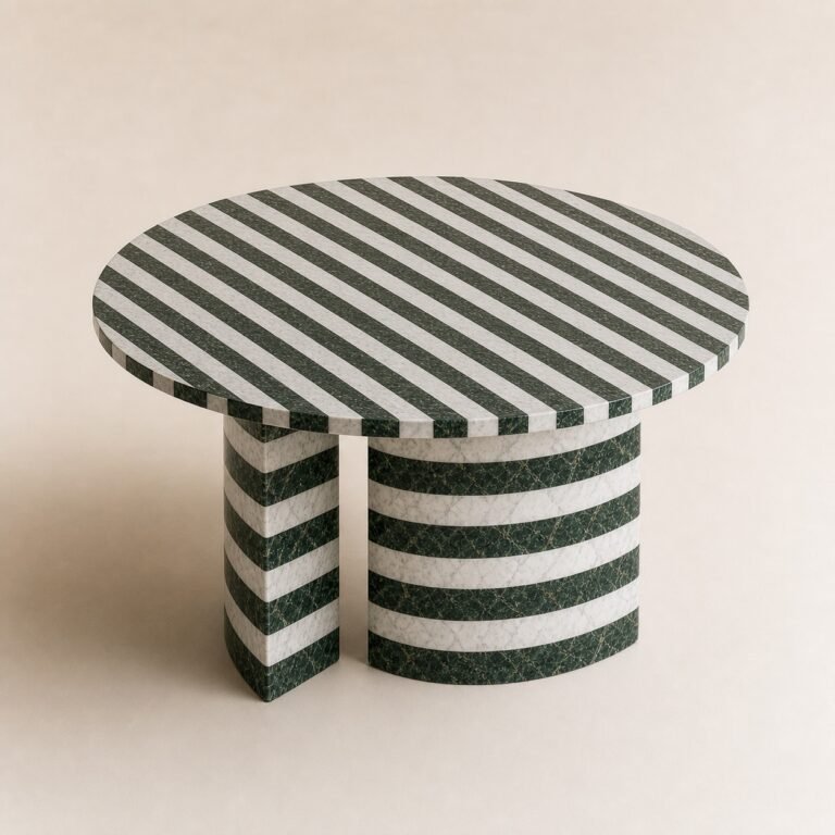 Masă de dining rotundă Striata cu mozaic verde-alb și bază dublă curbată, perspectivă alternativă generată