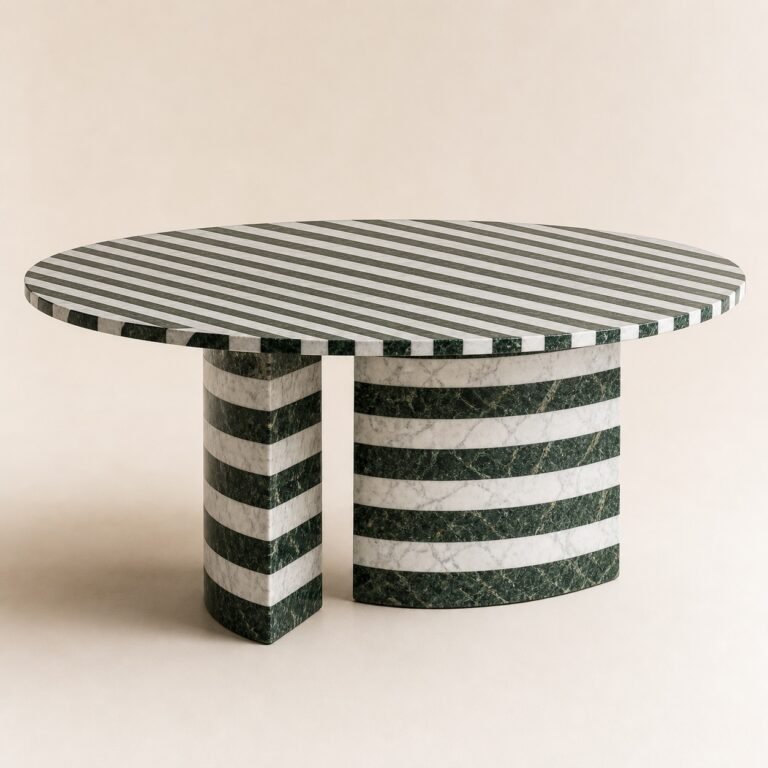 Masă de dining rotundă Striata cu mozaic verde-alb și bază dublă curbată, imagine principală generată