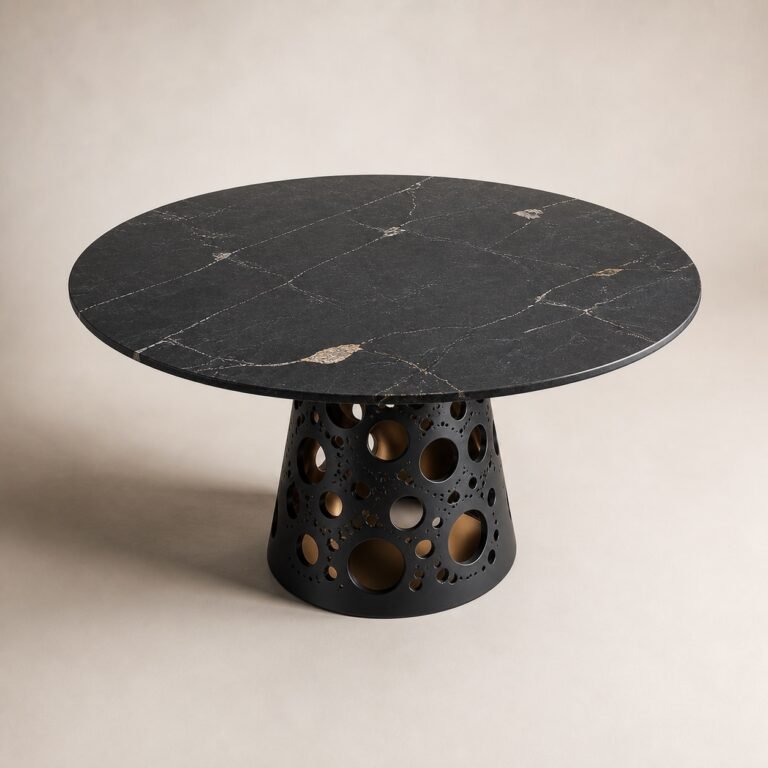 Masă de dining rotundă Oculus cu blat mineral negru și soclu perforat, perspectivă alternativă generată
