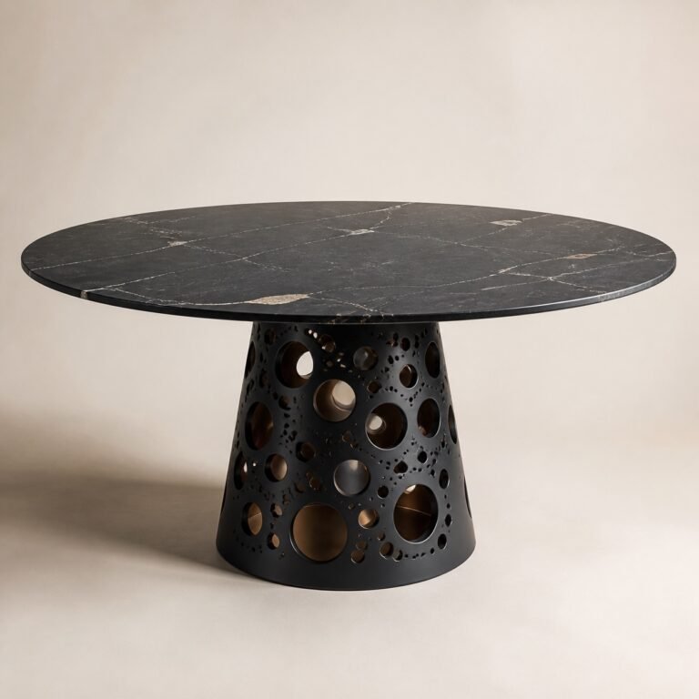 Masă de dining rotundă Oculus cu blat mineral negru și soclu perforat, imagine principală generată