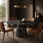 Masă de dining rotundă Oculus cu blat mineral negru și soclu perforat, ambient de dining generat
