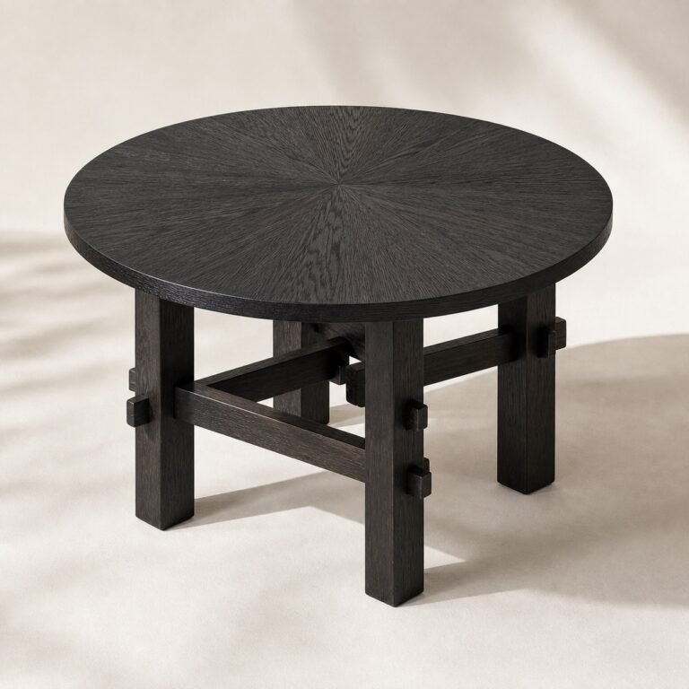 Masă de dining rotundă Minka din lemn ars cu bază tradițională cu traverse, perspectivă alternativă generată