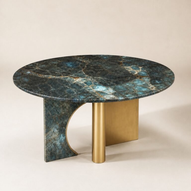 Masă de dining rotundă Arcus cu blat mineral albastru și bază geometrică mixtă, perspectivă alternativă generată