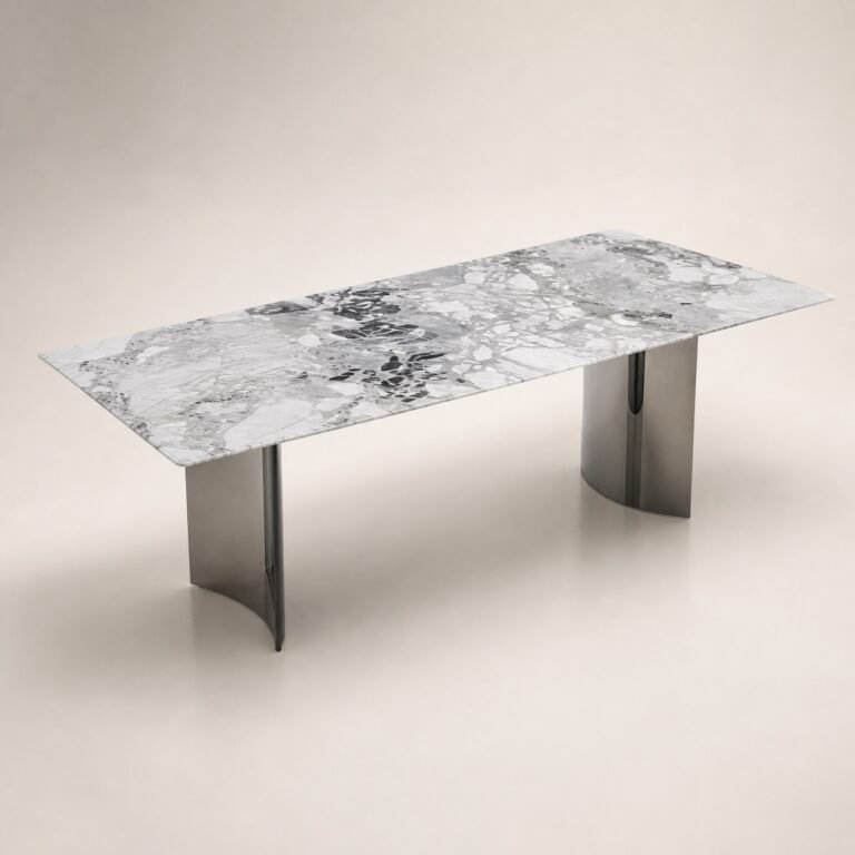 Masă de dining Vela cu blat marmorat deschis și baze metalice pliate, perspectivă alternativă generată