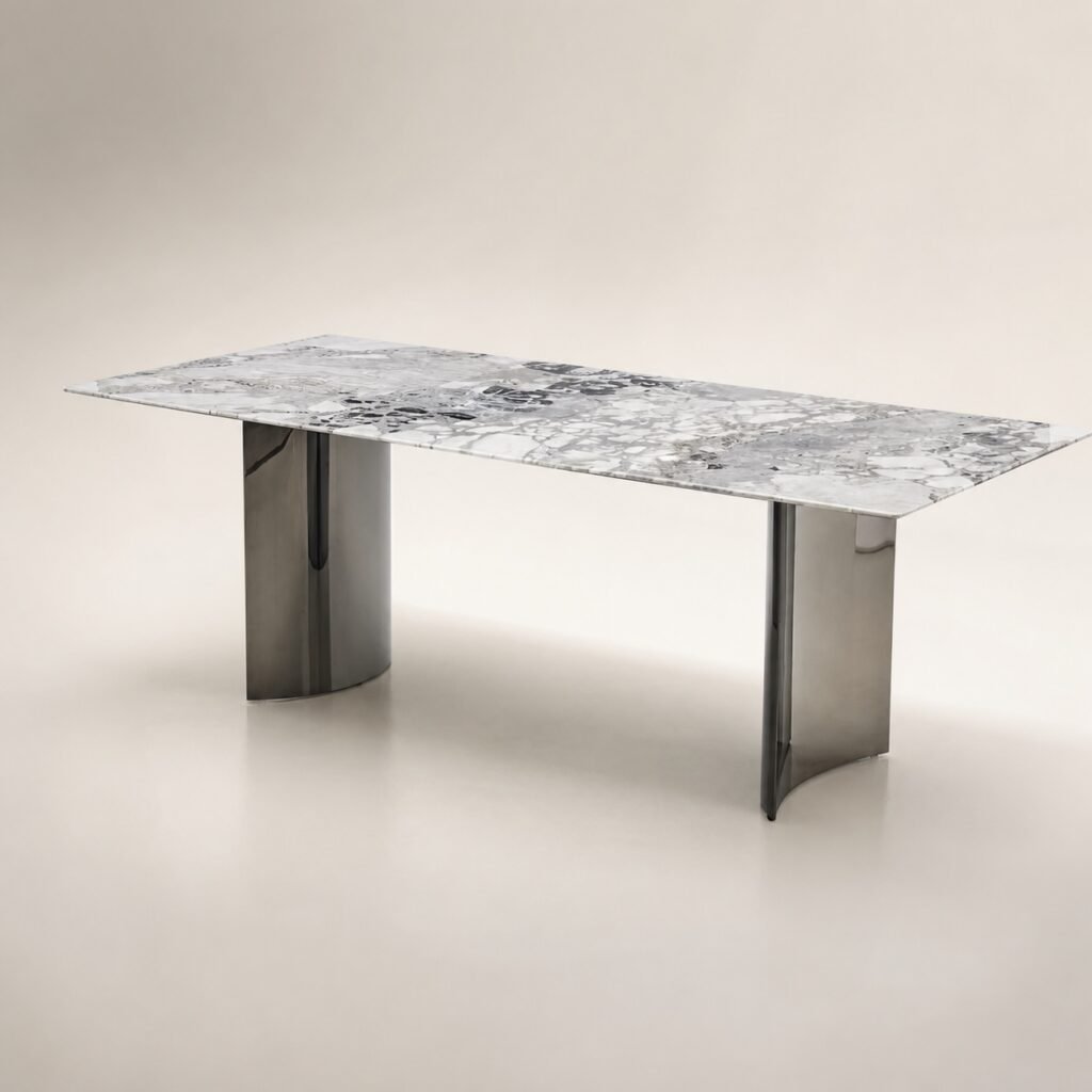 Masă de dining Vela cu blat marmorat deschis și baze metalice pliate, imagine principală generată
