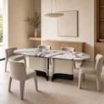 Masă de dining Lunaria cu blat oval marmorat și baze curbate bicolore, ambient de dining generat