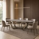 Masă de dining Armonia cu blat oval fumuriu și bază dublă în arc, ambient de dining generat