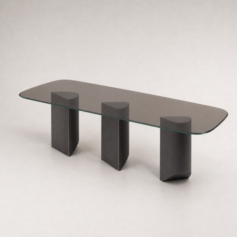 Masă de dining Sylvan cu blat din sticlă fumurie și trei baze din lemn sculptat, perspectivă alternativă generată