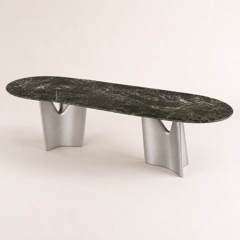 Masă de dining Sora cu blat mineral verde și baze metalice drapate, perspectivă alternativă generată
