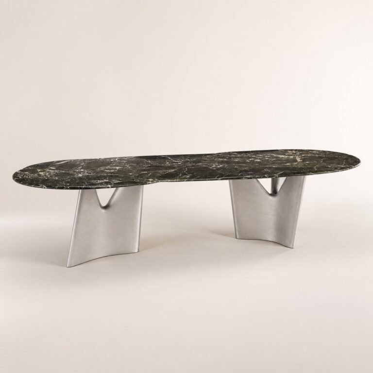 Masă de dining Sora cu blat mineral verde și baze metalice drapate, imagine principală generată