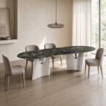 Masă de dining Sora cu blat mineral verde și baze metalice drapate, ambient de dining generat