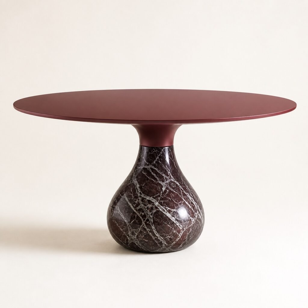 Masă de dining rotundă Rubinia cu blat bordo și soclu mineral tip picătură, imagine principală generată