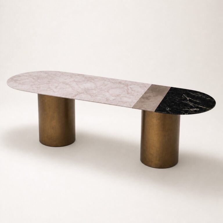 Masă de dining Triptycha cu blat mineral tricolor și coloane din bronz, perspectivă alternativă generată
