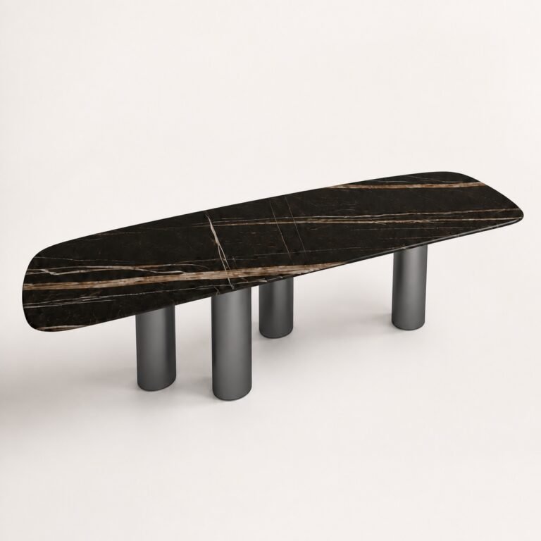 Masă de dining Quattro cu blat mineral brun-negru și coloane asimetrice, perspectivă alternativă generată