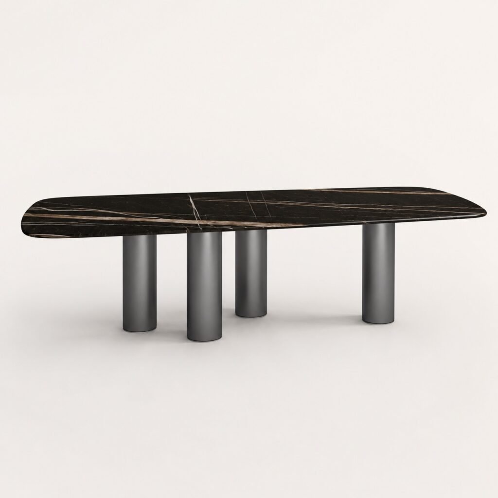 Masă de dining Quattro cu blat mineral brun-negru și coloane asimetrice, imagine principală generată