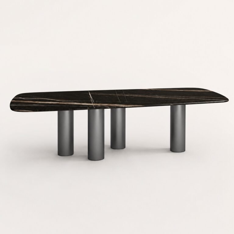 Masă de dining Quattro cu blat mineral brun-negru și coloane asimetrice, imagine principală generată