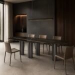 Masă de dining Quattro cu blat mineral brun-negru și coloane asimetrice, ambient de dining generat