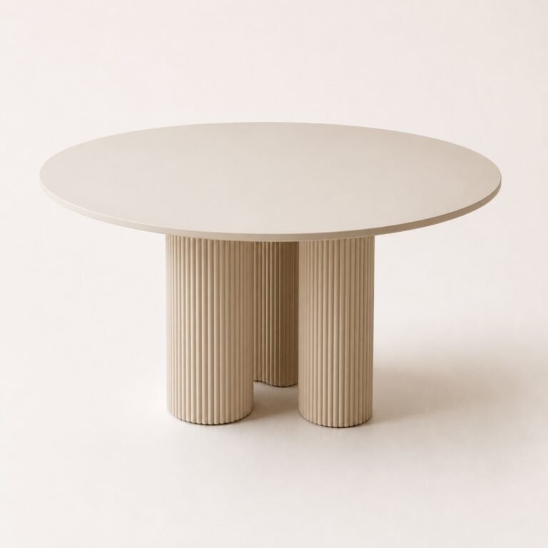 Masă de dining rotundă Eclisse cu blat alb și soclu trilobat canelat, perspectivă alternativă generată