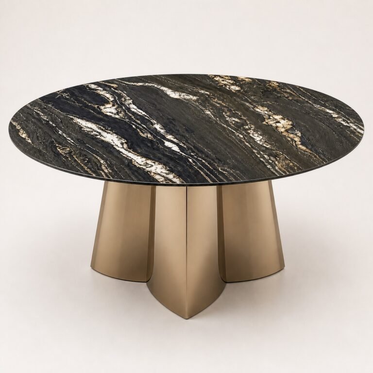 Masă de dining rotundă Nocturna cu blat mineral negru și soclu petaliform din bronz, perspectivă alternativă generată