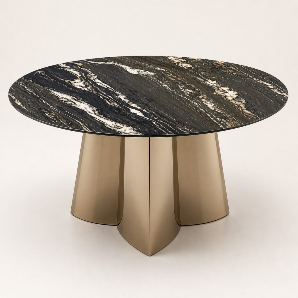 Masă de dining rotundă Nocturna cu blat mineral negru și soclu petaliform din bronz, imagine principală generată