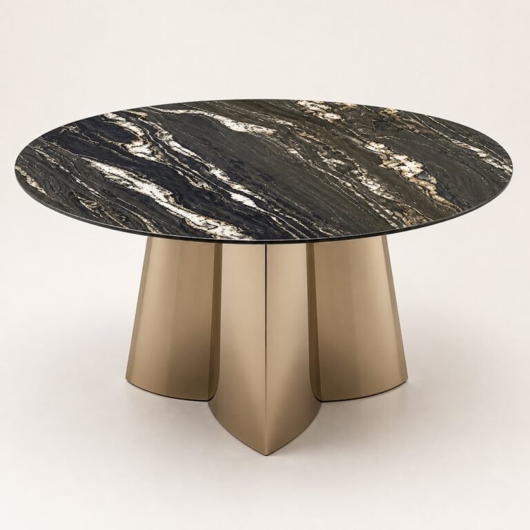 Masă de dining rotundă Nocturna cu blat mineral negru și soclu petaliform din bronz, imagine principală generată