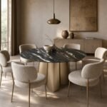 Masă de dining rotundă Nocturna cu blat mineral negru și soclu petaliform din bronz, ambient de dining generat