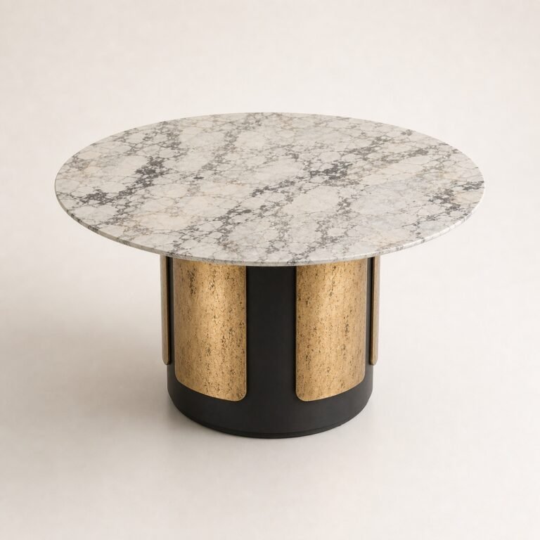 Masă de dining rotundă Aurelia cu blat mineral alb și soclu bicolor din bronz, perspectivă alternativă generată