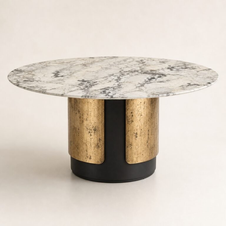 Masă de dining rotundă Aurelia cu blat mineral alb și soclu bicolor din bronz, imagine principală generată
