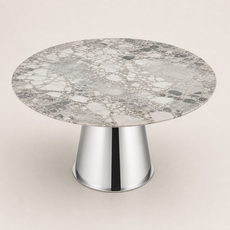 Masă de dining rotundă Argentia cu blat mineral perlat și soclu conic oglindit, perspectivă alternativă generată