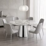 Masă de dining rotundă Argentia cu blat mineral perlat și soclu conic oglindit, ambient de dining generat