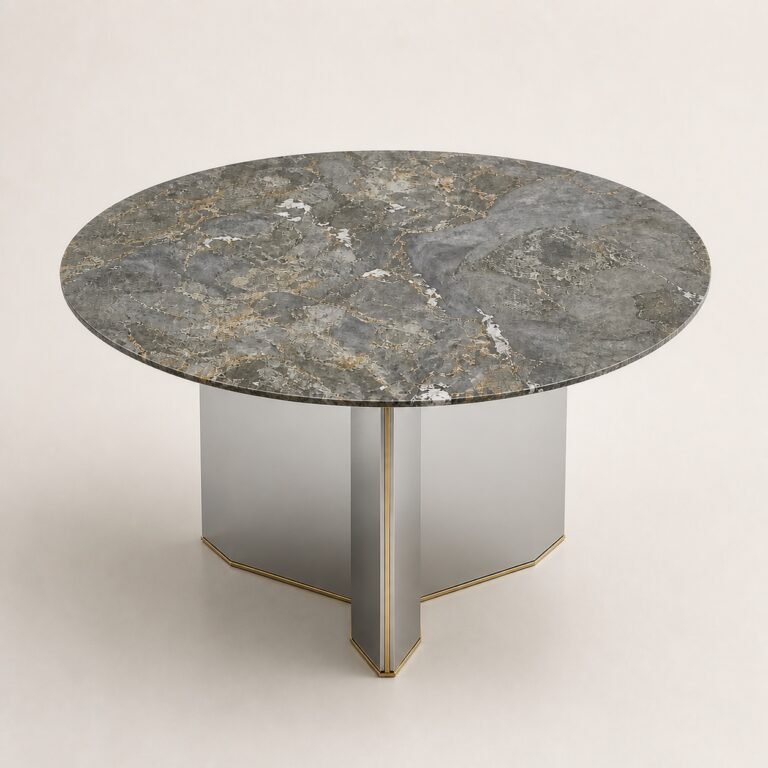 Masă de dining rotundă Triskel cu blat mineral gri-verde și soclu prismatic auriu, perspectivă alternativă generată