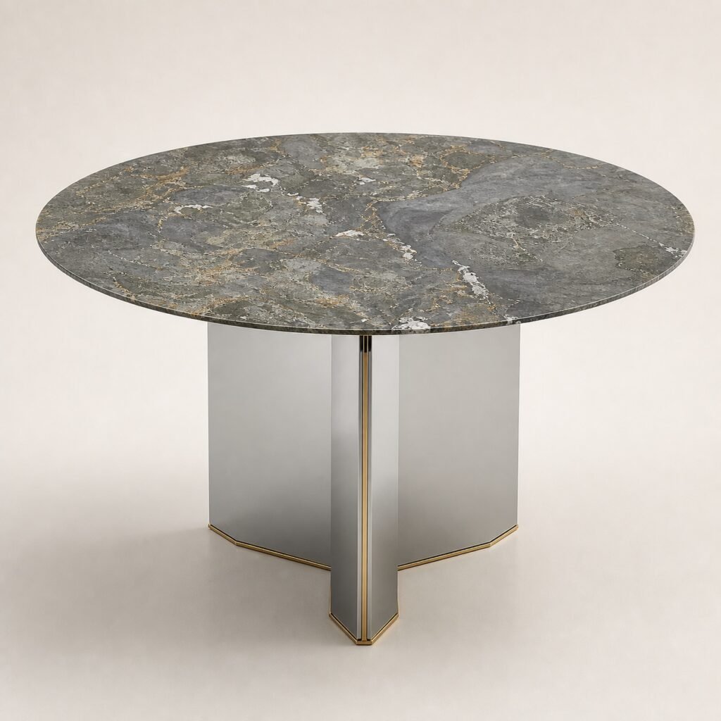 Masă de dining rotundă Triskel cu blat mineral gri-verde și soclu prismatic auriu, imagine principală generată