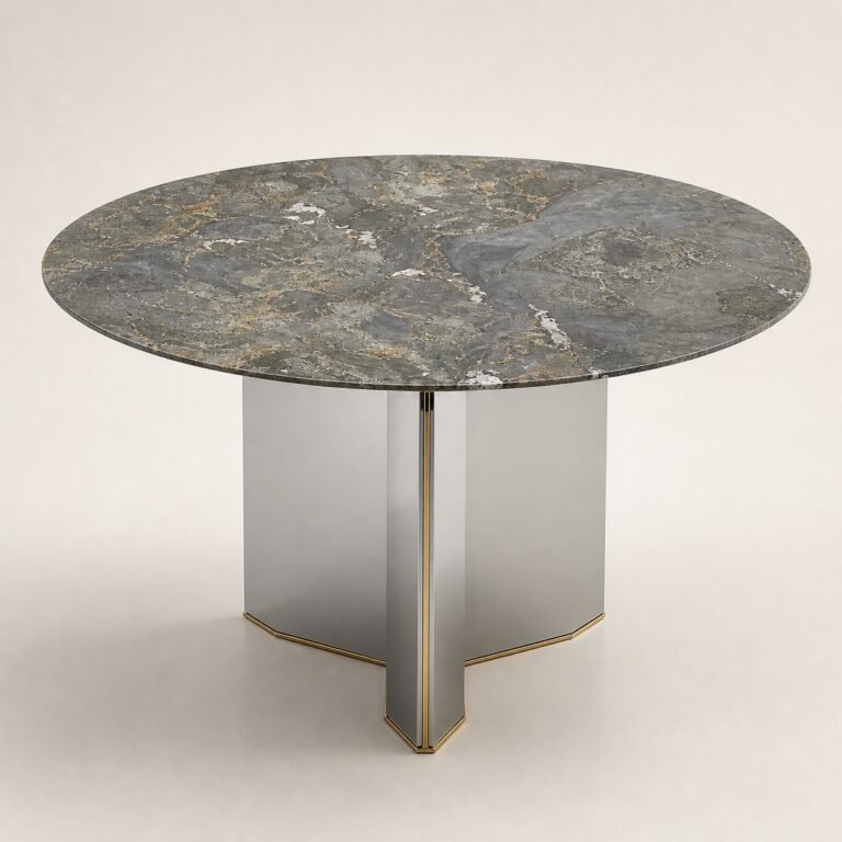 Masă de dining rotundă Triskel cu blat mineral gri-verde și soclu prismatic auriu, imagine principală generată