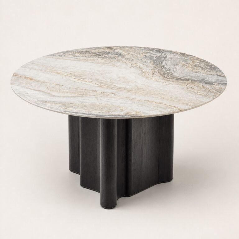 Masă de dining rotundă Ondina cu blat mineral perlat și soclu lobat din nuc, perspectivă alternativă generată