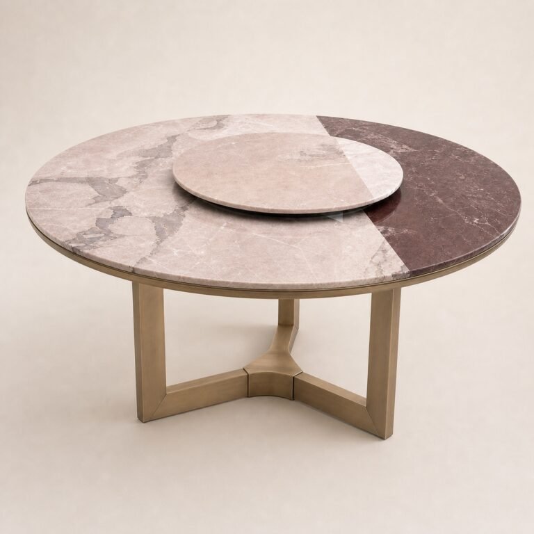 Masă de dining rotundă Rosetta cu blat mineral segmentat și bază tripodală din bronz, perspectivă alternativă generată
