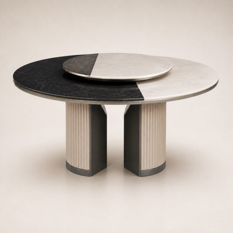 Masă de dining rotundă Monochroma cu blat mineral bicolor și soclu canelat dublu, perspectivă alternativă generată