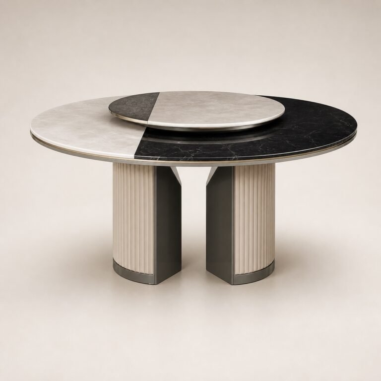 Masă de dining rotundă Monochroma cu blat mineral bicolor și soclu canelat dublu, imagine principală generată