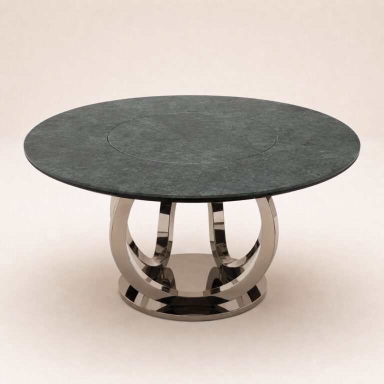 Masă de dining rotundă Aeternum cu blat mineral verde și soclu inelar oglindit, perspectivă alternativă generată