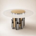 Masă de dining rotundă Carillon cu blat mineral perlat și soclu tubular bicolor, perspectivă alternativă generată