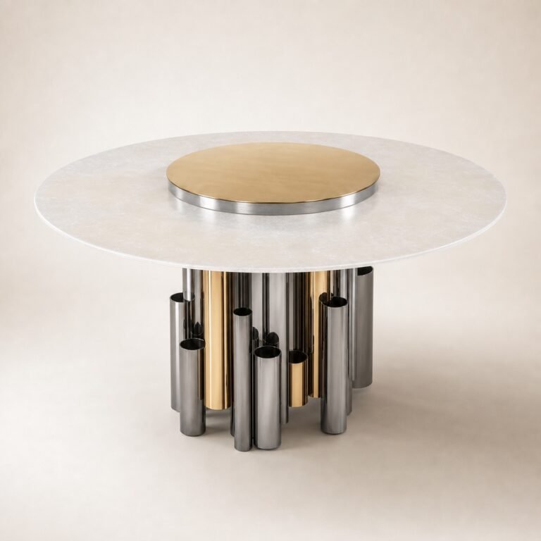 Masă de dining rotundă Carillon cu blat mineral perlat și soclu tubular bicolor, perspectivă alternativă generată