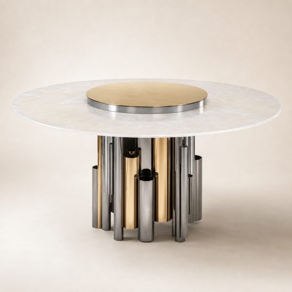 Masă de dining rotundă Carillon cu blat mineral perlat și soclu tubular bicolor, imagine principală generată