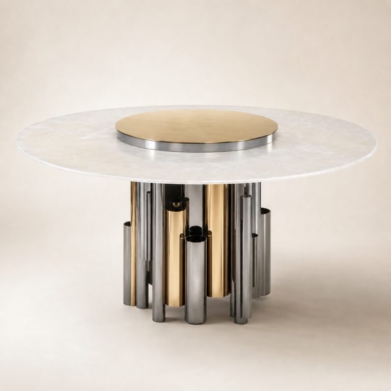 Masă de dining rotundă Carillon cu blat mineral perlat și soclu tubular bicolor, imagine principală generată